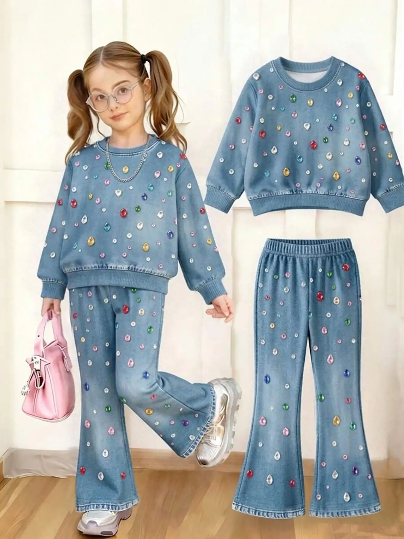 Girls' Sweatshirt and Bell Bottoms Set, Fresh Denim Style, Rhinestone Print, Elastic Waist, Casual Fall & Winter, Fashion Style Sets