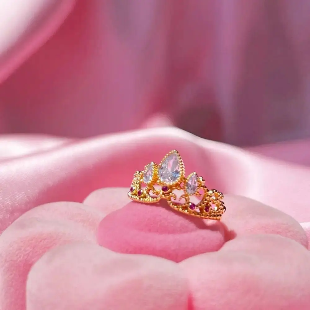 Elegant Gold Plated Rapunzel Crown Rings Zircon Adjustable Princess Ring Opening Wedding Geek Jewelry Woman