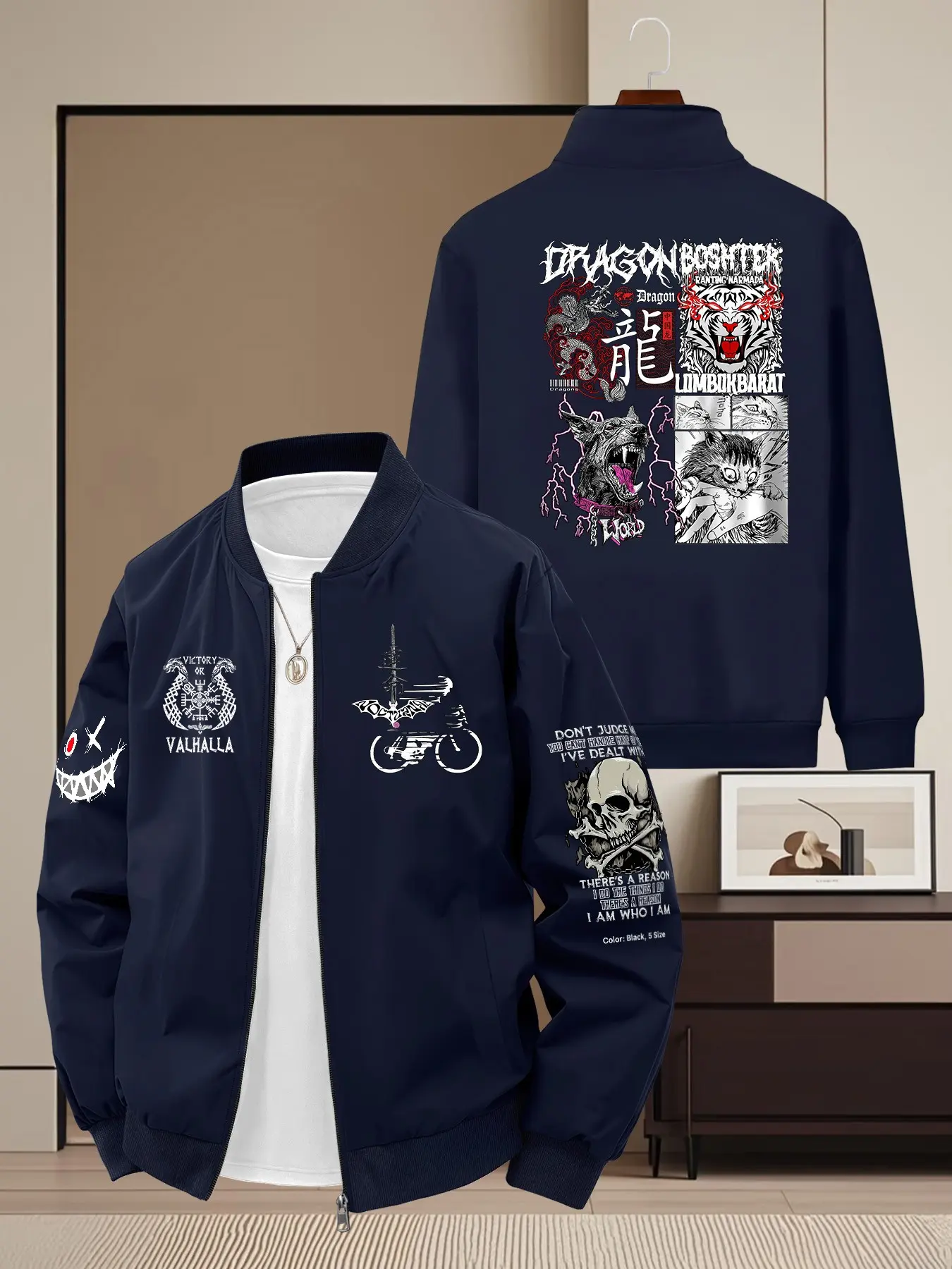 Dark Street Style Valhalla Viking Symbol Casual Jacket, Men's Versatile Outerwear, Long Sleeve Fitted Geometric Pattern, All Seasons