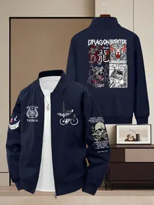 Dark Street Style Valhalla Viking Symbol Casual Jacket, Men's Versatile Outerwear, Long Sleeve Fitted Geometric Pattern, All Seasons