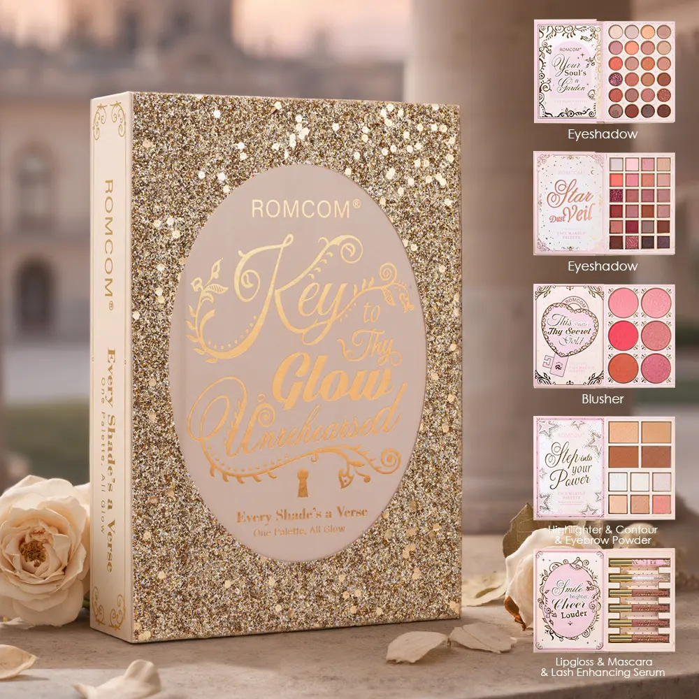 ROMCOM All In One Glam Makeup Set Glitter Golden Makeup Palette Eyeshadow Blush Highlighter Contour Lip Gloss Mascara Complete Cosmetic Kit For Women Gift
