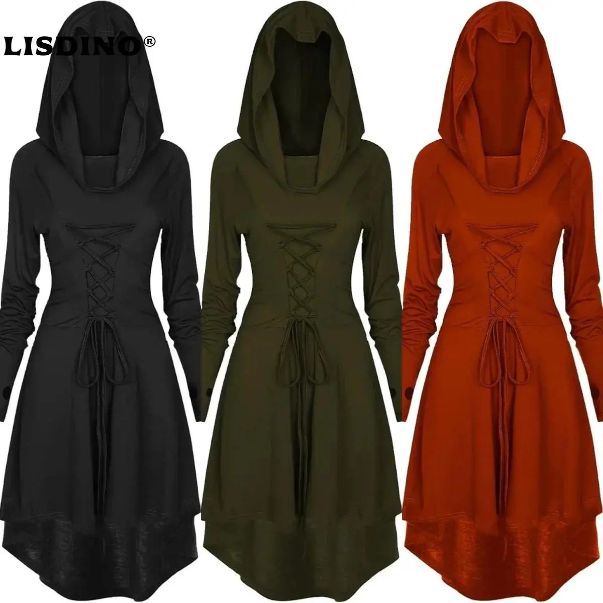 Womens Renaissance Costumes Halloween Costume for Womens Medieval Vintage Hooded Costume High Low Pullover Dress