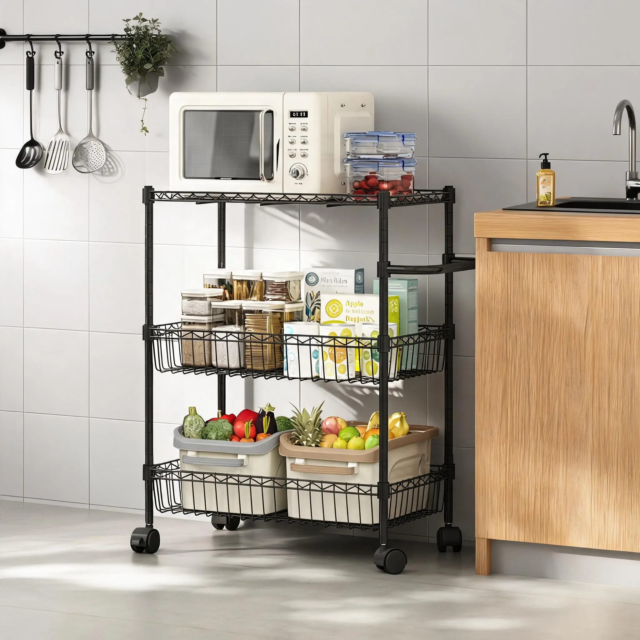 Garvee Heavy-Duty 3-Tier Rolling Kitchen Cart With Adjustable Wire Shelves, Lockable Wheels And Handle, 600 Lbs Capacity Metal Utility Trolley For Kitchen, Pantry And Bathroom Storage