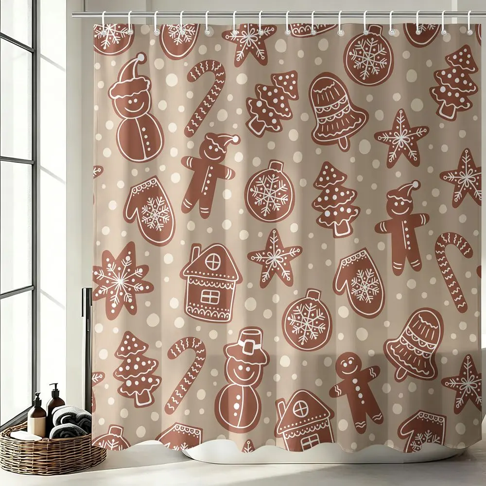 1Pcs Christmas Gingerbread Man Shower Curtain, Waterproof Cloth Fabric Bathtub Privacy Curtain, Festive Holiday Bathroom Decor Set for Winter Home Gift with 12 Hooks