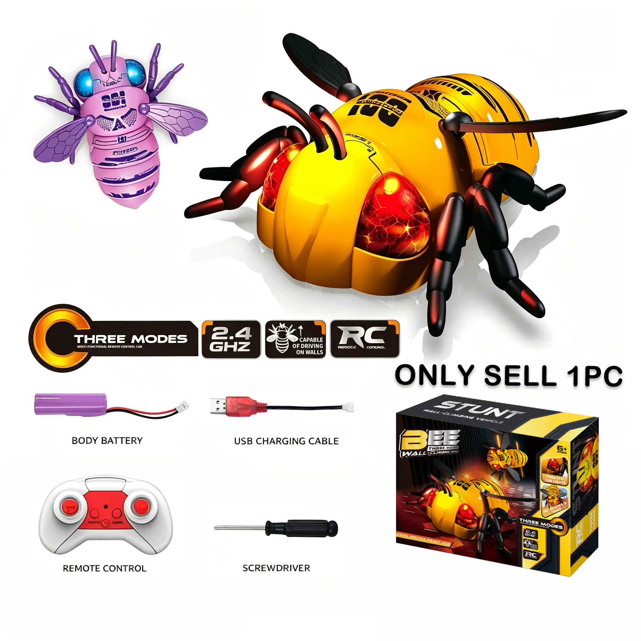 2.4GHz Remote Control Wall Climbing Bee with Flash LED Lights, 360 Degree Spin Rechargeable RC Insect Toy, Perfect Halloween Holiday Present for Children
