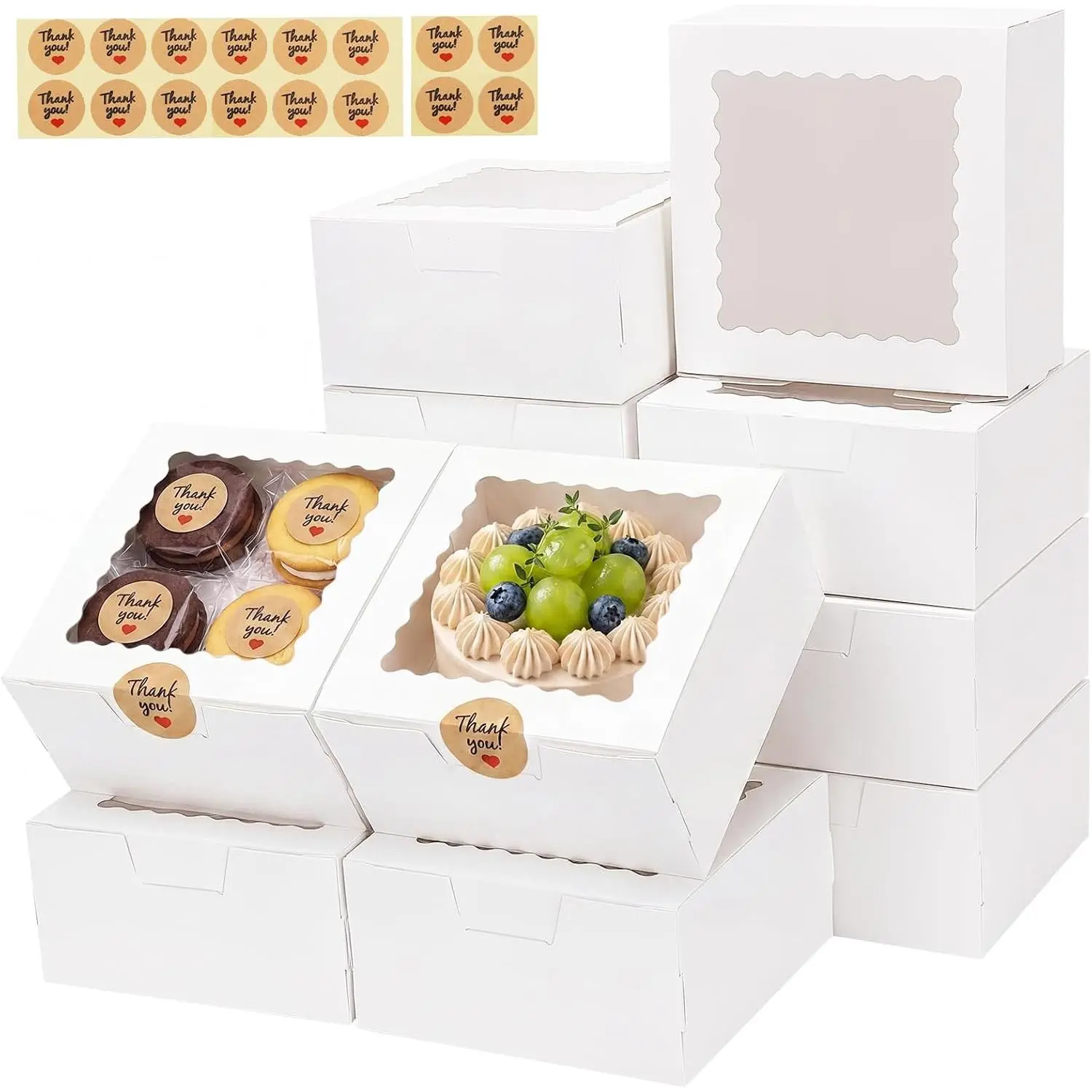 16 count Cookie Boxes with Window, 6x6x3 Inches Bakery Boxes for ,  Covered Strawberries, Cupcake, Pastry(with Stickers)