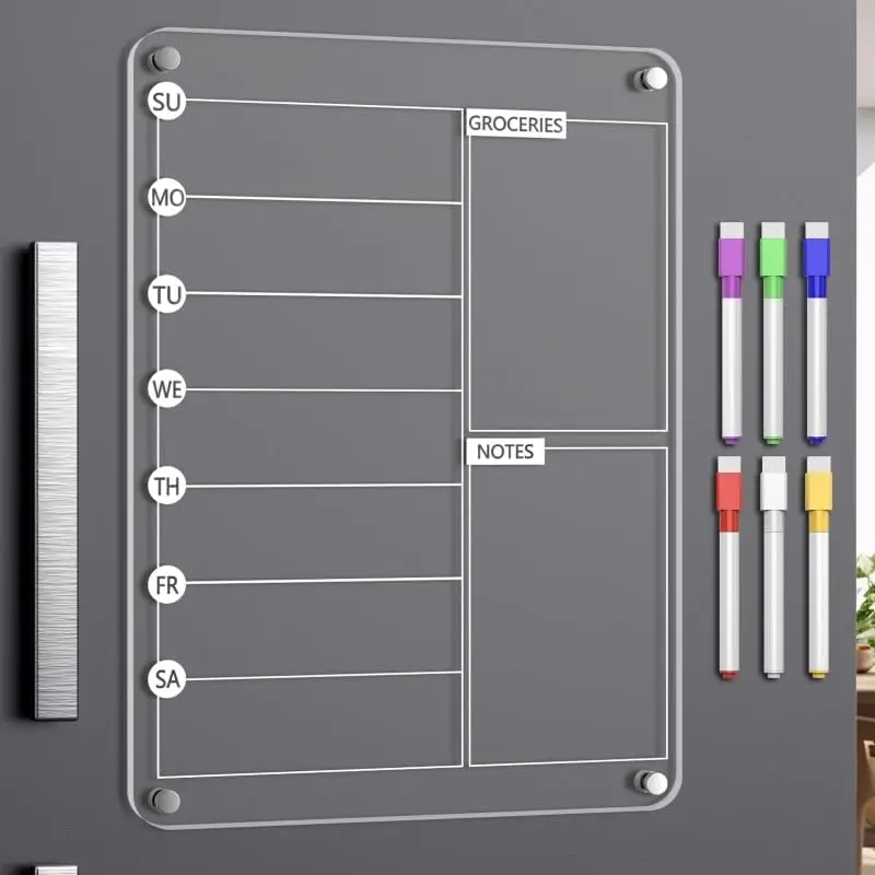 Meal Planner  Menu Board for Kitchen Fridge, 13"x9" Clear Weekly Calendar Planning Board Noteboard Refrigerator Dry Erase Board to Do/Grocery/Shopping Lis Includes 6 Markers