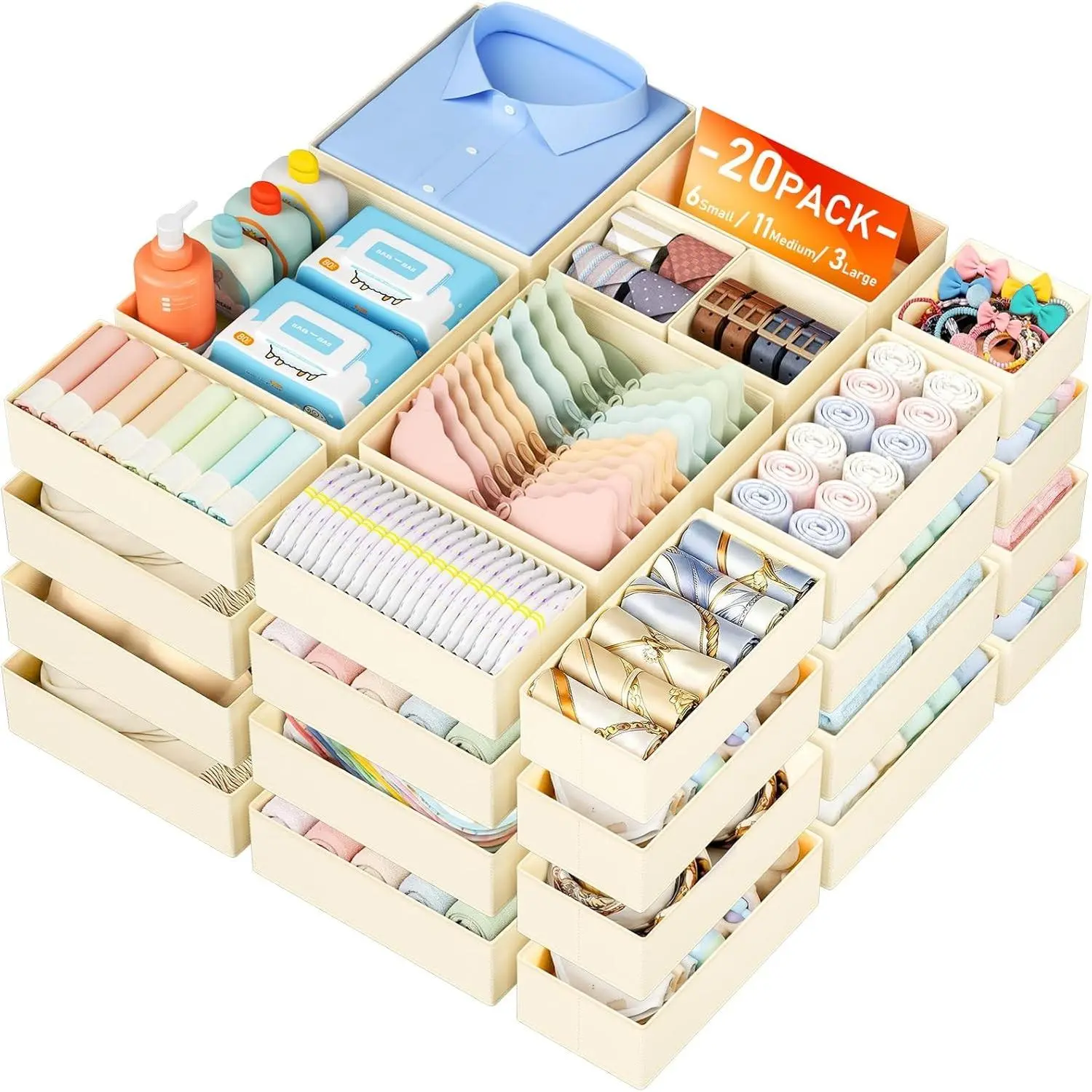 Drawer Organizer Clothes - 20 Pack Closet Drawer Organizer Bins for Baby Clothes Storage, Fabric Dresser Organizer for Nursery Bedroom, Foldable Small Drawer Dividers for Underwear Socks