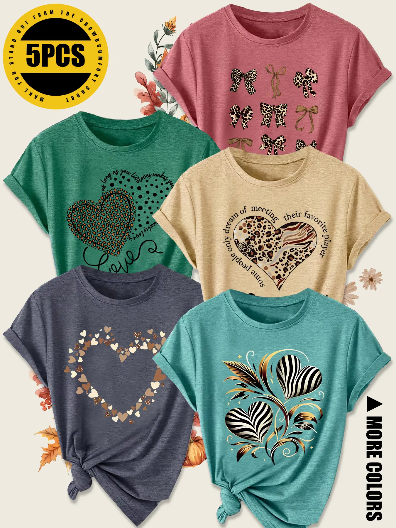 Zebra Leopard Feather Heart Tee, Polka Dot Bow Splicing Art Print, loose plus size casual tee, Casual Comfy Tee, Tops, Round Neck