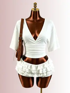 Women's Summer Casual Comfortable Versatile Solid V-Neck Waist-Cropped Slim Fit Short Sleeve T-Shirt, Trendy Ladies' Top for Daily Wear