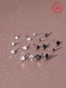 S925 Sterling Silver  Zircon Stud Earrings, Round Shaped Stud Earrings for Women & Men, Trendy All-match & Exquisite Jewelry for Birthday Gift