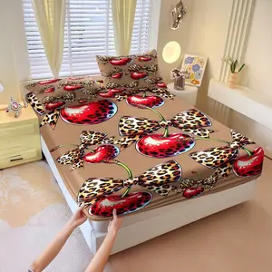 3Pcs Leopard Bow Cherry Printed Fitted Sheet Set, Vibrant Fruit Themed Bedding Set, Soft and Breathable Microfiber Bedspread, 1 bed sheet and 2 coreless pillowcases Stylish Home Decor for Bedroom and Guest Room