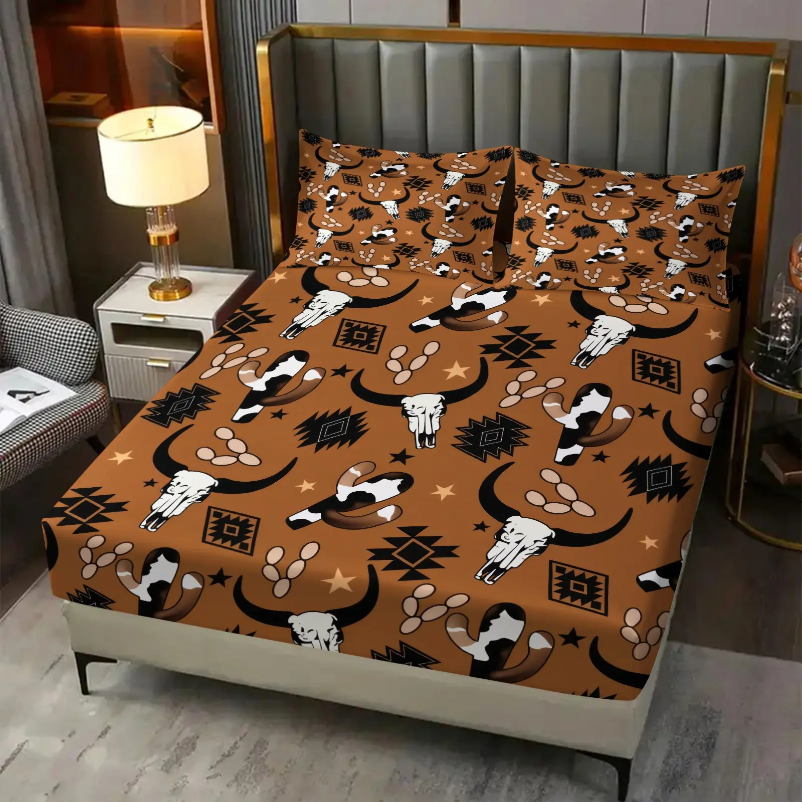 Terracotta Base Longhorn Skull Cow 3 Piece Fitted Sheet Set, Boho Set, Bed Sheets, Polyester High‑Definition Digital Printing, (No Filling, 1 Fitted Sheet, 2 Pillowcases), Desert‑Themed Bed Linen for Room