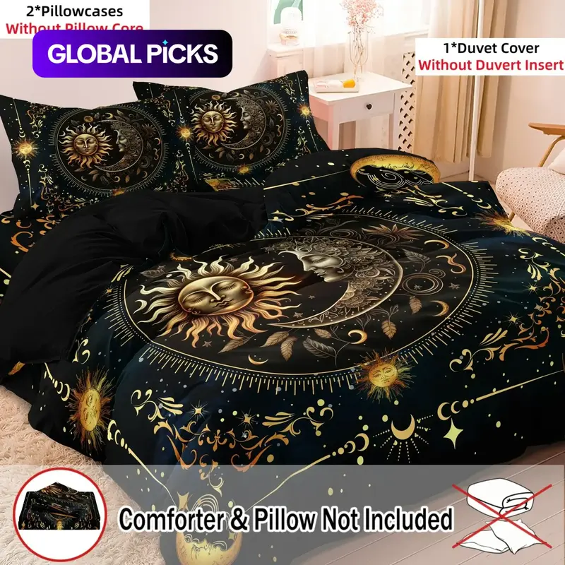 Ramadan Decoration Sun & Moon  Pattern Duvet Cover Set, 3 Counts/set Including 1 Duvet Cover & 2 Pillowcases without Filler, Soft Comfortable Bedding Set for Home Bedroom
