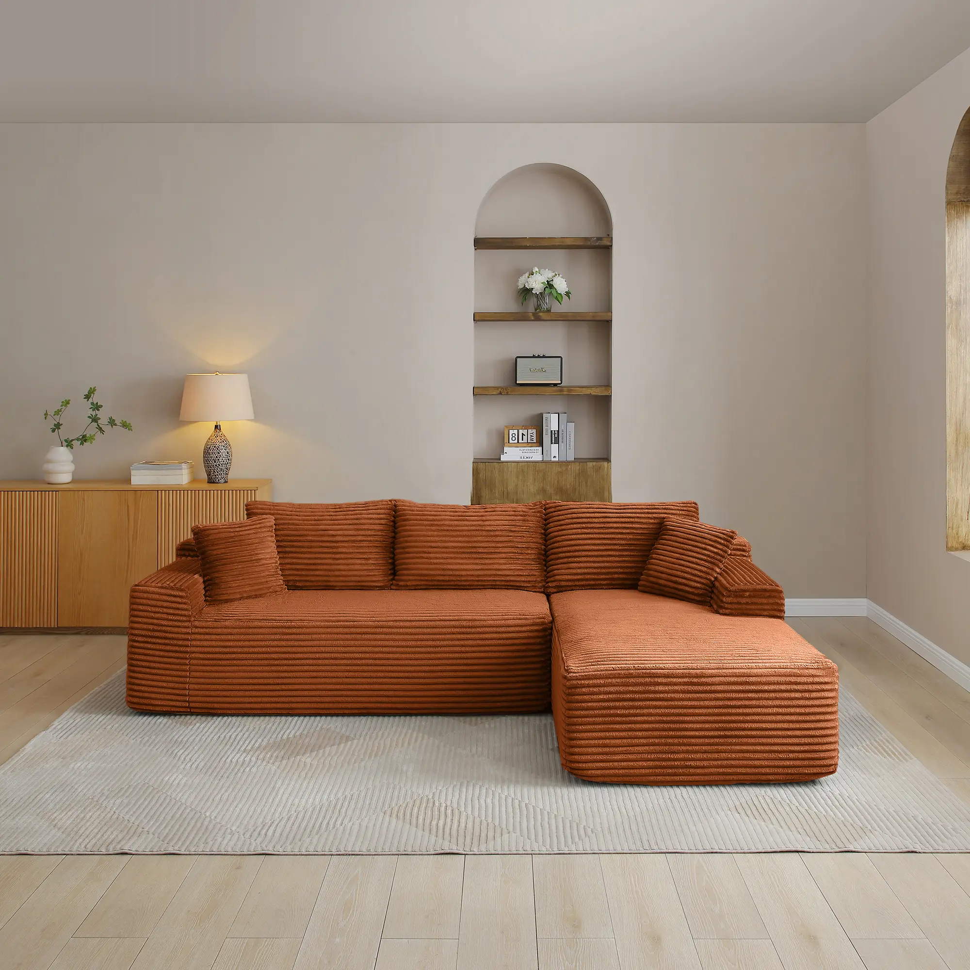 ARCH 105'' Modular Sectional Sofa Cloud Couch with Deep Seat Modern L-Shape Corduroy Upholstered 3-Seat Cushion Back Medium-Soft Foam Living Room Furniture No Assembly Required Orange, Orange Color Options, Corduroy Material, 3 Seat Seat Count
