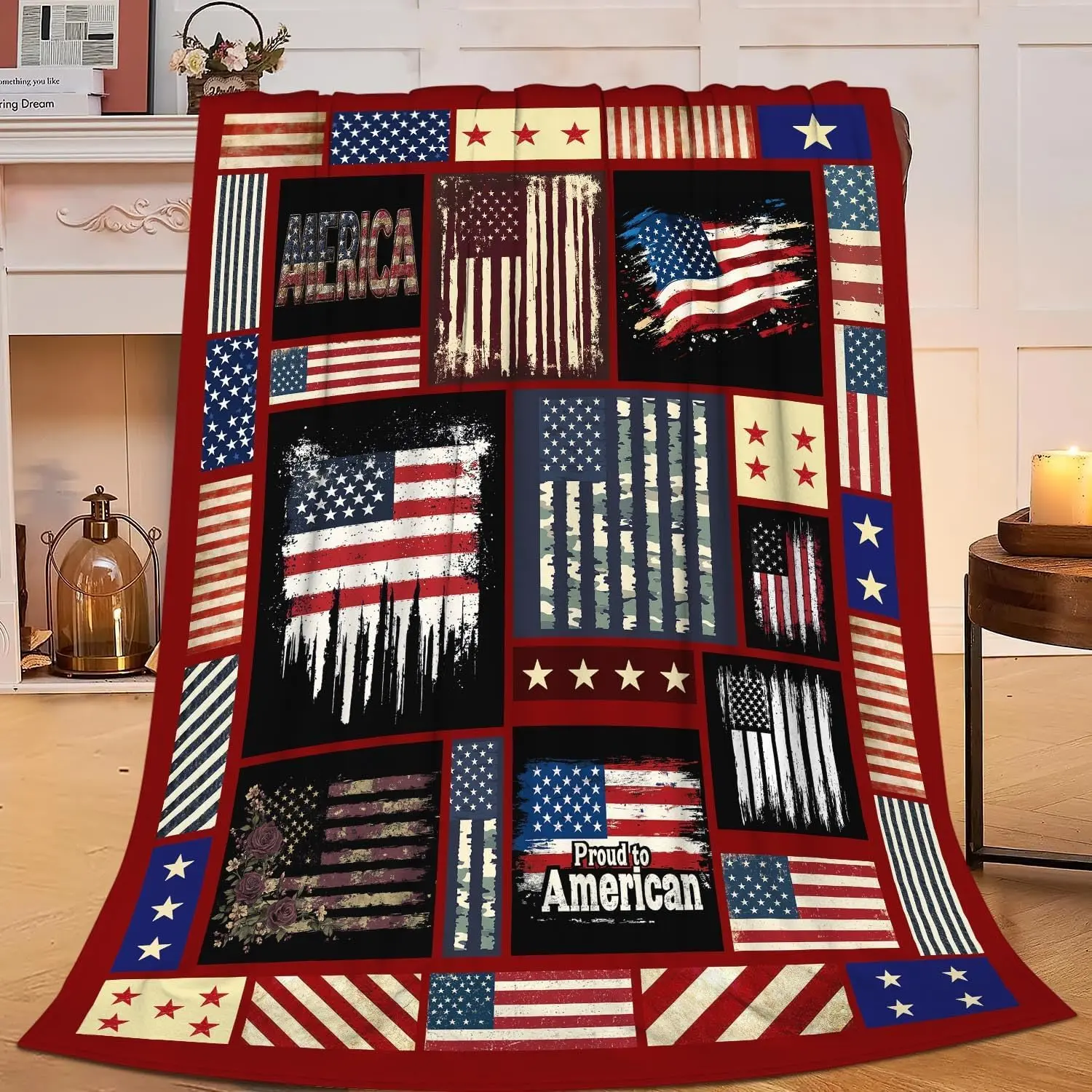 American Flag Patchwork Flannel Blanket - Vintage Patriotic Double-Sided Quilt Throw, Breathable Wrinkle-Resistant Bed Decor, All-Seasons Indoor/Outdoor Gift for Adults Veterans, Ideal for Independence Day