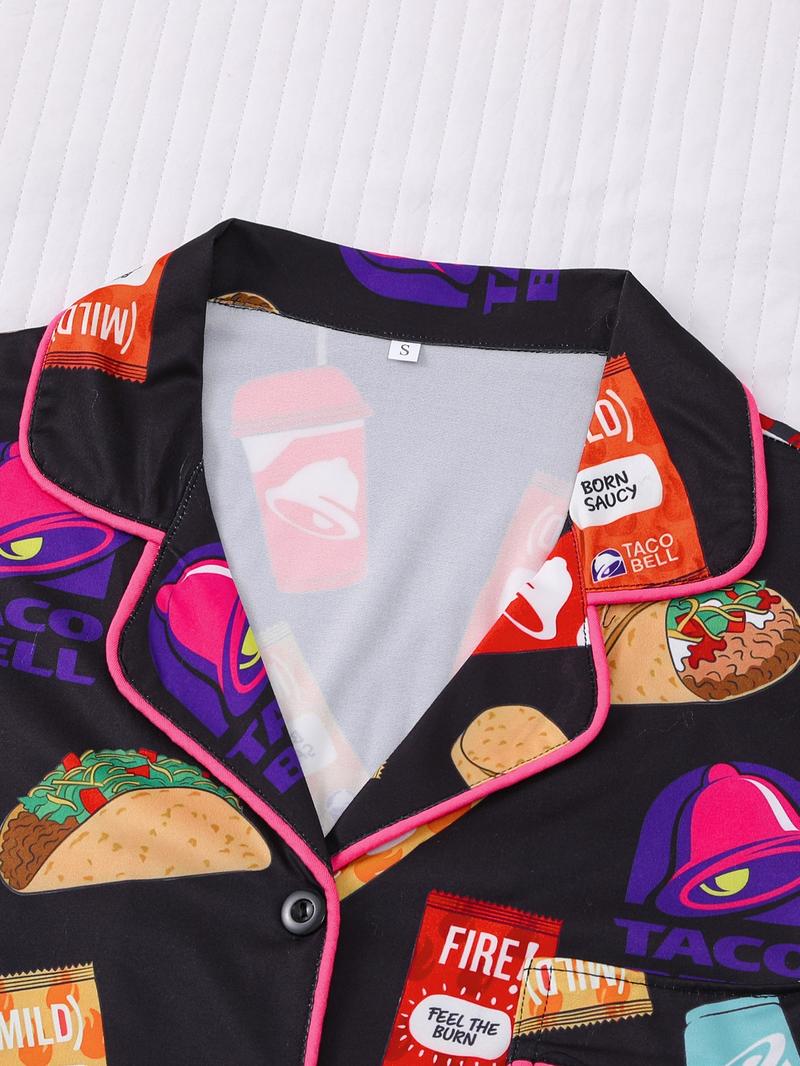 Women's 2-Piece Full-Body Snack & Beverage Print Sleepwear Set (Short Sleeve & Shorts) - Soft Comfort Top with Small Pockets, Turned-Down Collar, Button Closure, Elasticated Waistband, Suitable for Year-Round Home Wear - Button Front Shorts Pj Set