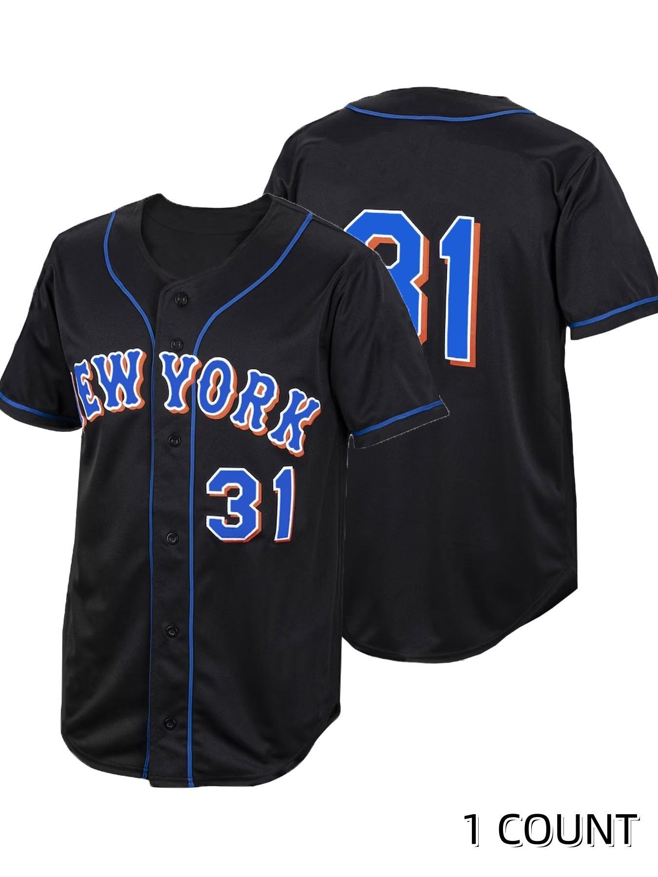 Men's Letter & Figure Patched Button Front Baseball Jersey, Casual Loose Short Sleeve V-Neck Baseball Top for Fall & Winter, Basebal Christmas Gifts, Men's Sportswear for Training & Competition, Jersey Shirts