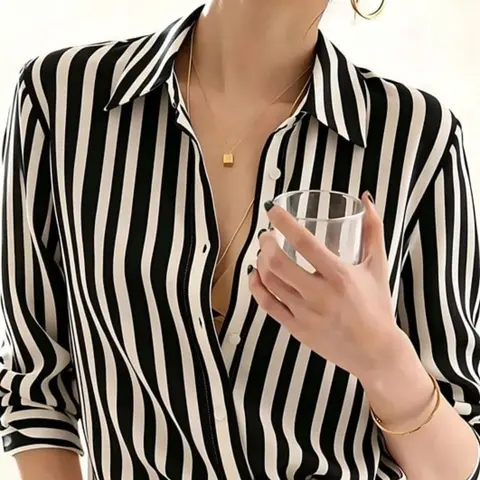 Minimalist Classic Contrast Vertical Striped Notch Lapel Button Up Blouse Shirt, Single Row Buttons, Loose Fit Straight Shoulder Long Sleeve Top for Women, Business Work Blouses, Versatile for Office Commuting, Business Meetings, Daily Shopping