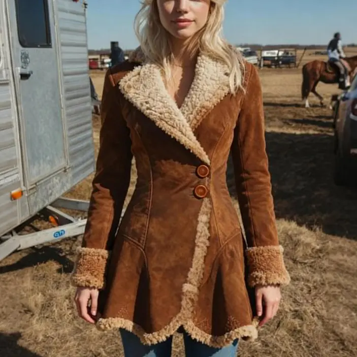 Faux Suede Shearling Jacket for Women, Faux Fur Lined Lapel Fitted Waist Winter Warm Coat Faux Suede Shearling Jacket for Women, Faux Fur Lined Lapel Fitted Waist Winter Warm Coat