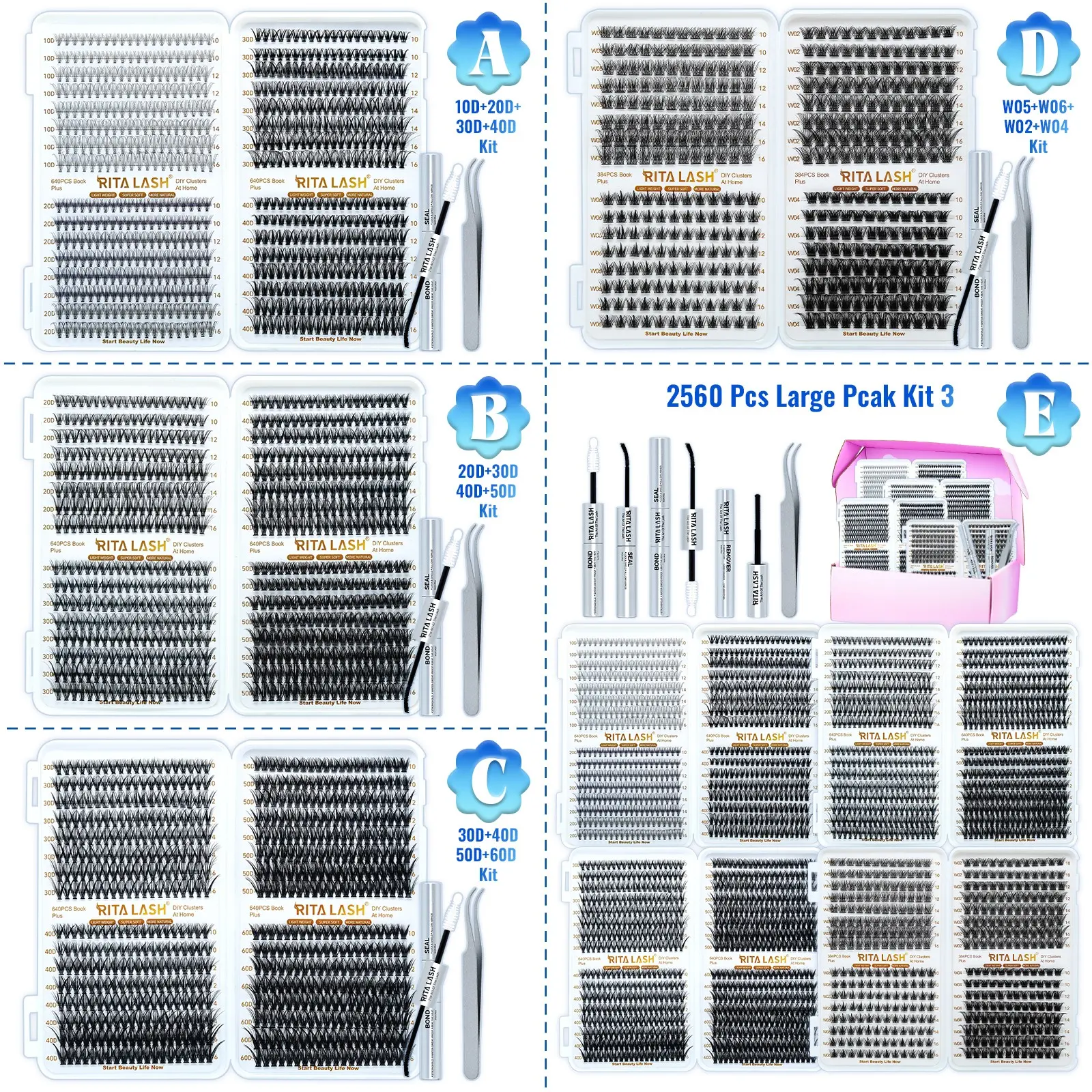 RITA 2560/640PCS Lash DIY Lash Extension Kit 10D+20D+30D+40D+50D+60D+W05+W06+W02+W04 Volume Lash Clusters 10-18mm Wispy D Curvature Full Individual Eyelash Extensions Kit DIY at Home Easily with Lash Bond and Seal Tweezer