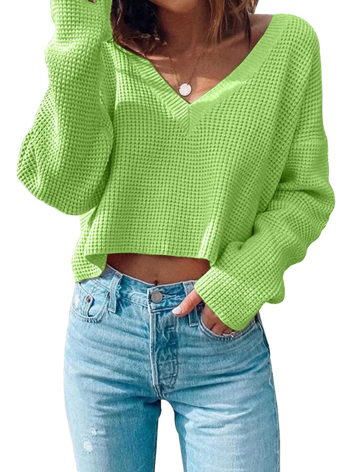 Women's Textured Drop Shoulder Crop Sweater, Basic Soft Casual Long Sleeve Deep V Neck Jumper for Fall & Winter, Women's Knitwear Top for Daily Wear