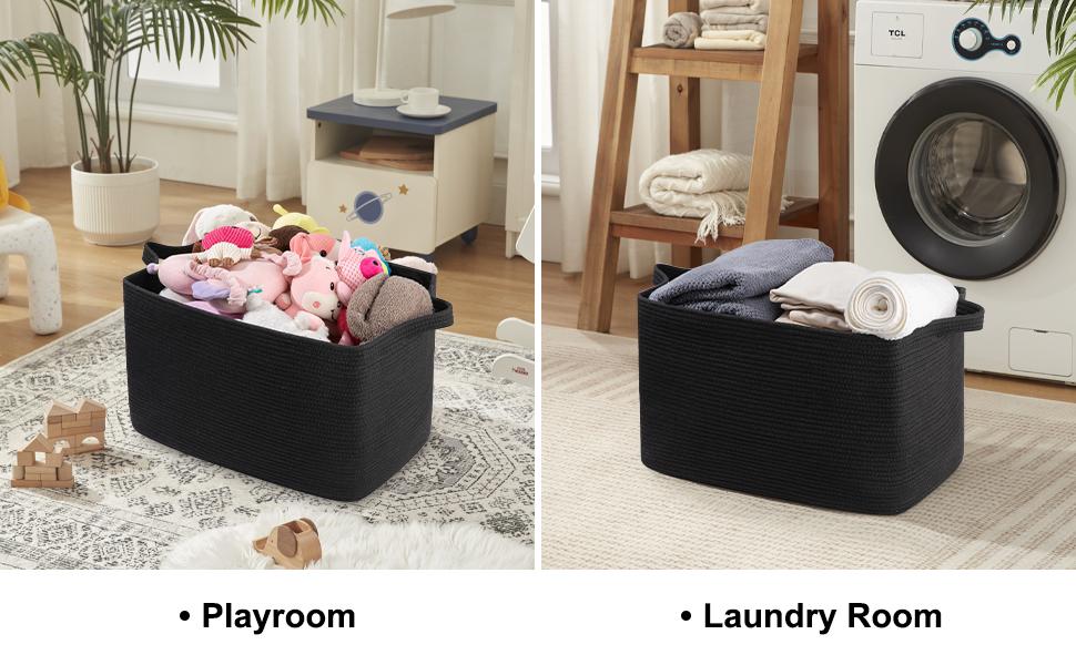 95L Extra Large Blanket Basket, 24" x 16.9" x 14.2" Woven Storage Basket for Living Room, Rectangle Nursery Blanket Storage for Toys, Towels, Dirty Clothes (Black)