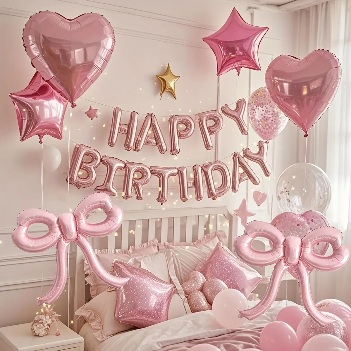28pcs Balloon Set with Bow and Birthday Banner, Party Balloons Decorations, Balloon Decorations Kit, Perfect for Princess Tea Party, Birthday Parties, Proposals, and More