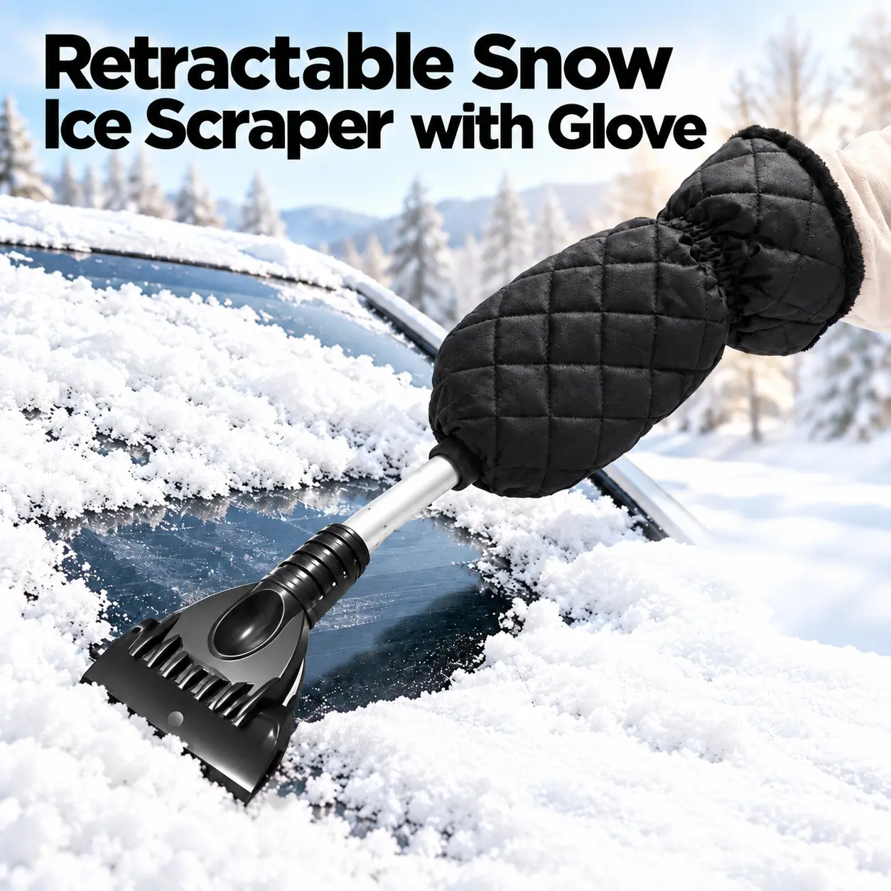 Car Ice Scraper for Windshield, Snow Scraper with Warm Glove, Telescopic Snow & Ice Remover, Heavy Duty Frost Scraper, Winter Car Accessories for Cars SUVs Trucks-YY1