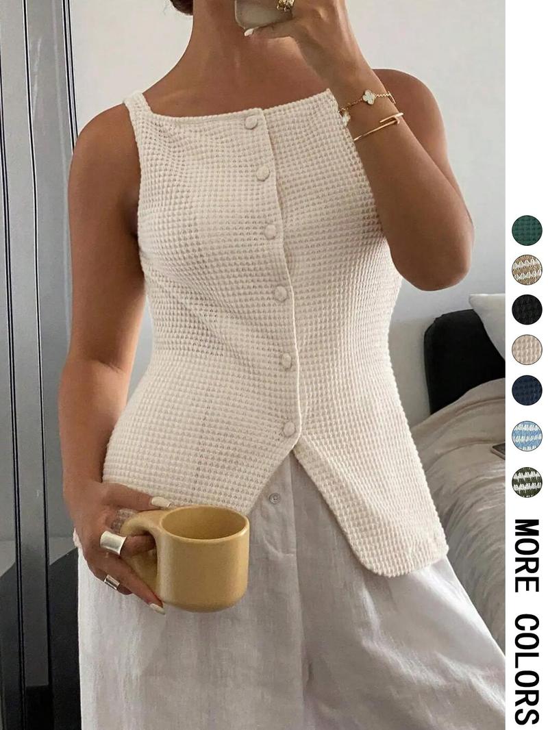 Women's Square Neck Tank Top Sleeveless Button Closure Top for Daily Wear, Ladies Clothes for All Seasons, Cropped Cami Top