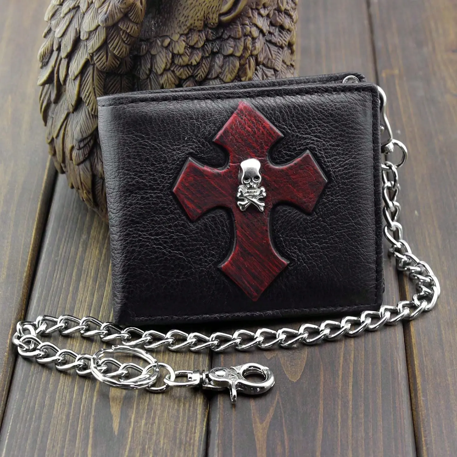 Men's Biker Leather Wallet - Punk Red Cross, Chic Rivet Steampunk Design - Card Holder Purse for Party Use - Do Not Wash, Casual
