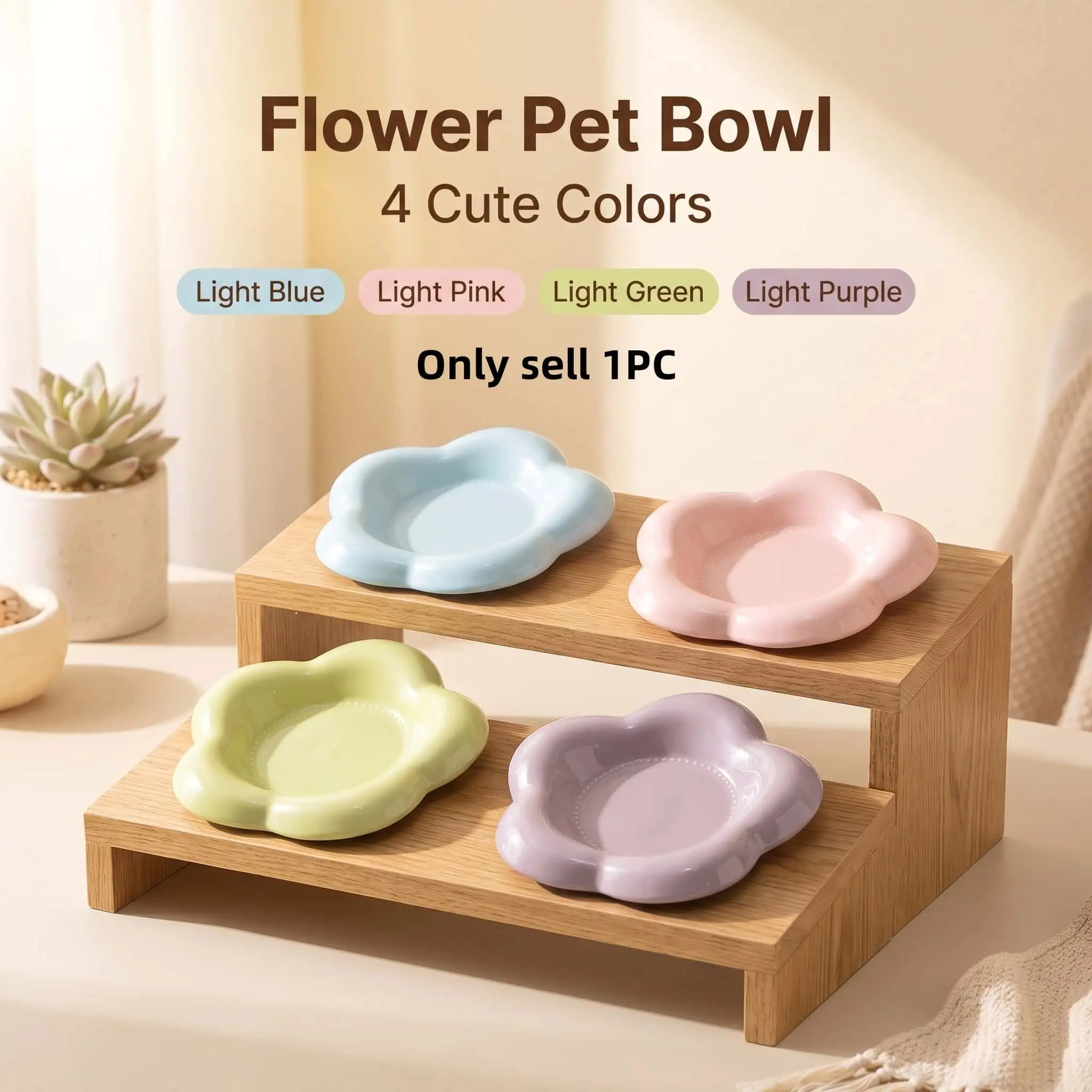 Cute Flower Shape Ceramic Cat Bowl, Whisker Guard Chin Feeding Pet Food Dish, High Rack Neck Protector, Suitable for Kittens and Small Dogs, Macaron Colors