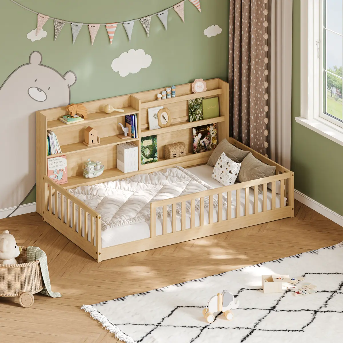 Aobtkel Unisex Montessori Floor Bed (Twin/Full) with Built-In Bookshelf, Solid Pine Wood Kids Bed, Safety Rails, Wide Entrance, Low-to-Ground Design, 450 LBS Capacity, Natural Finish