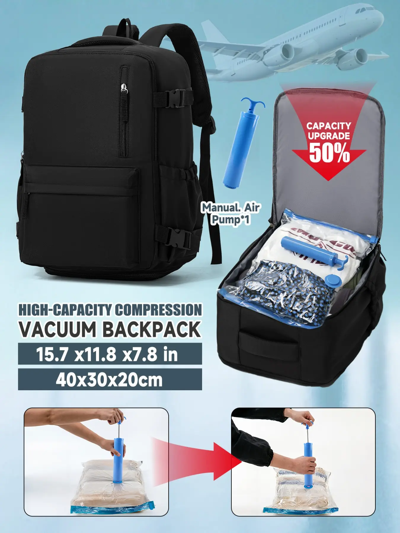 Vacuum Compression Laptop Backpack, 35L Waterproof Travel Bag, A4/15.6 Inch Notebook, Adjustable Straps, School & Commute Use