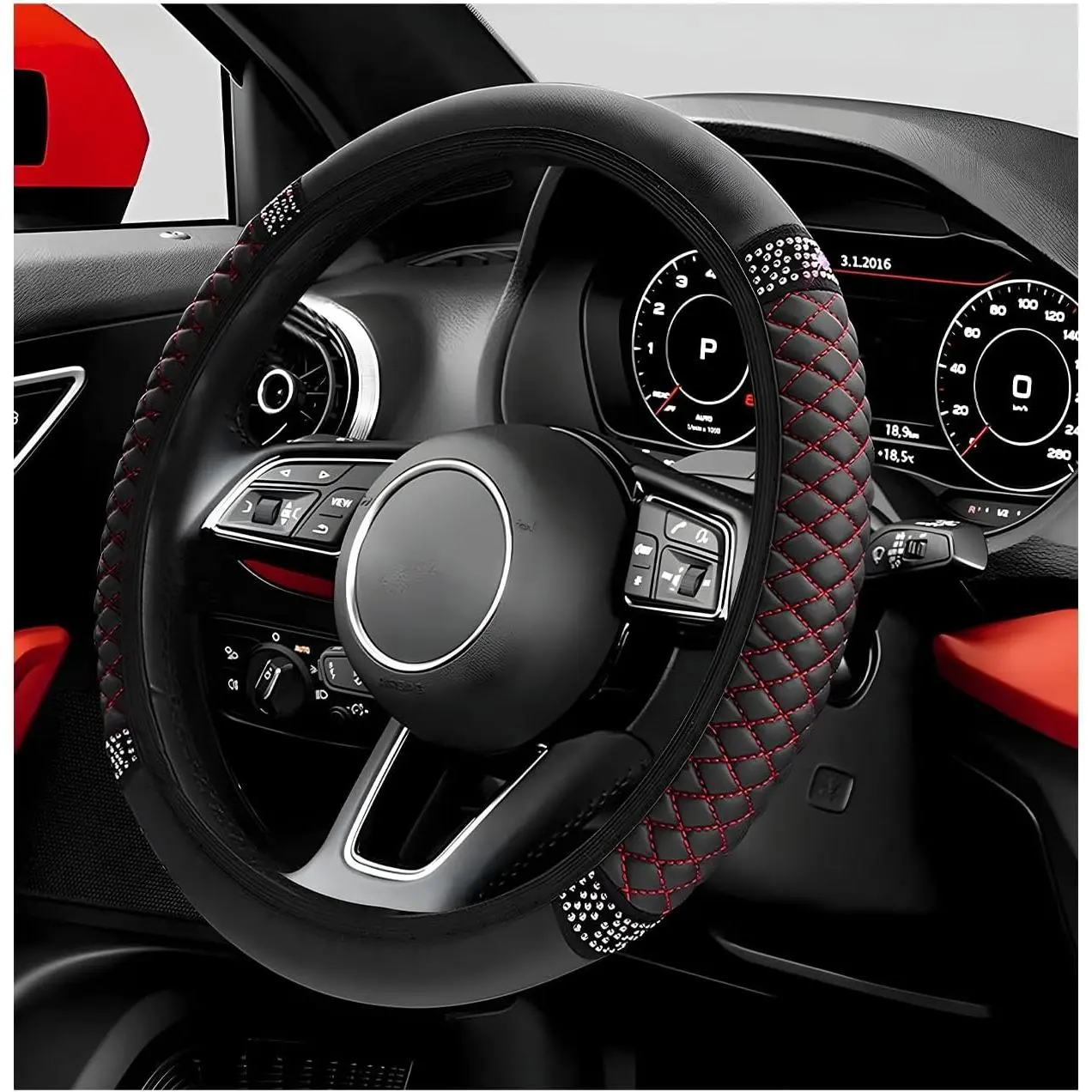 Bling  Steering Wheel Cover, 15 Inch Sparkly Rhinestone Soft Leather Steering Wheel Protector, Non-Slip  Auto Elastic Steering Wheel Covers for Women Girls (Black & Red)