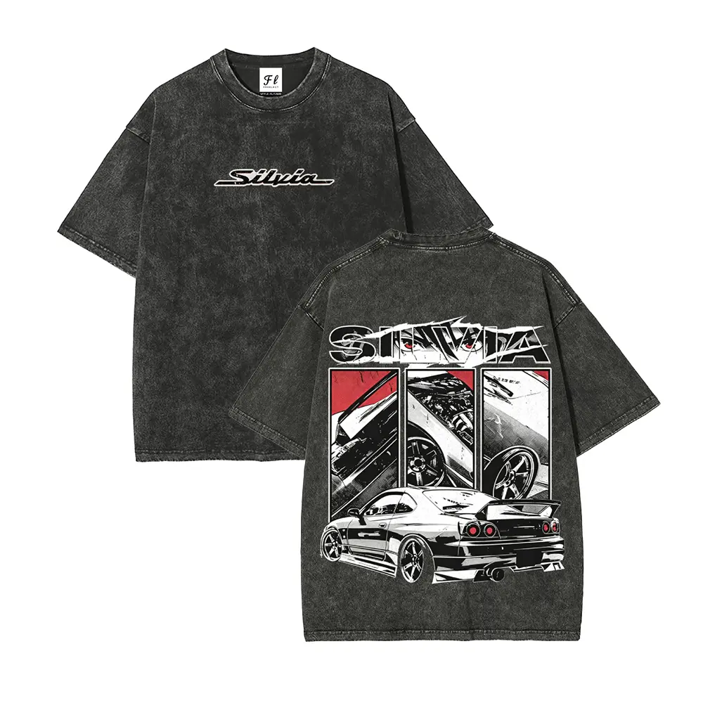 Acid Washed Oversized Y2K Racing Graphic T-Shirt, Cursive Script Small Chest Print Panel Split Drift Car Graphic Bold Typography Back Dual-Sided Tee, Vintage Grunge Streetwear, 100% Cotton Unisex Short Sleeve Shirt