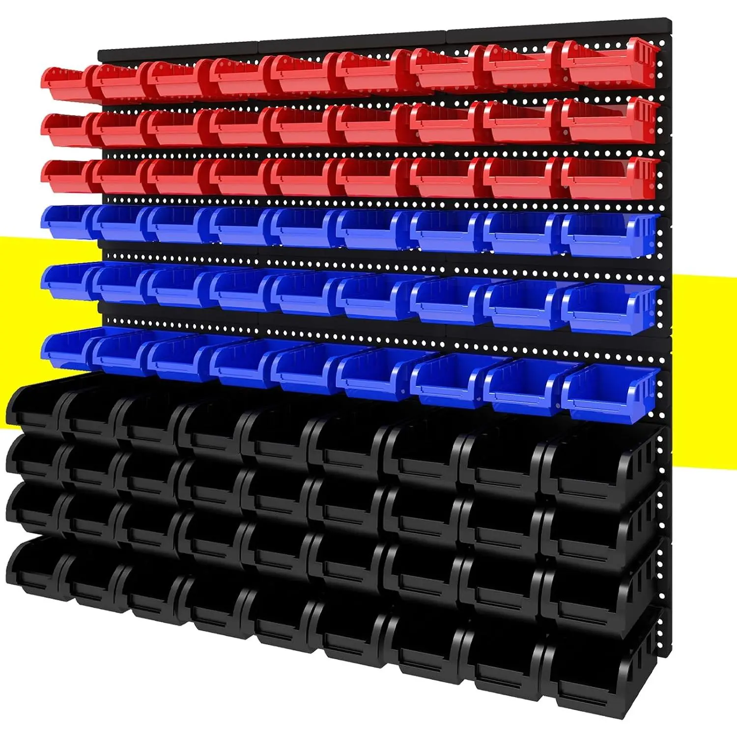 90Pcs Hazard-Free Plastic Wall-Mounted Storage Bins Organizer, Tool Parts Rack for Shop & Garage – Stores Screws, Nails, Beads & Small Hardware (Red, Blue, Black)