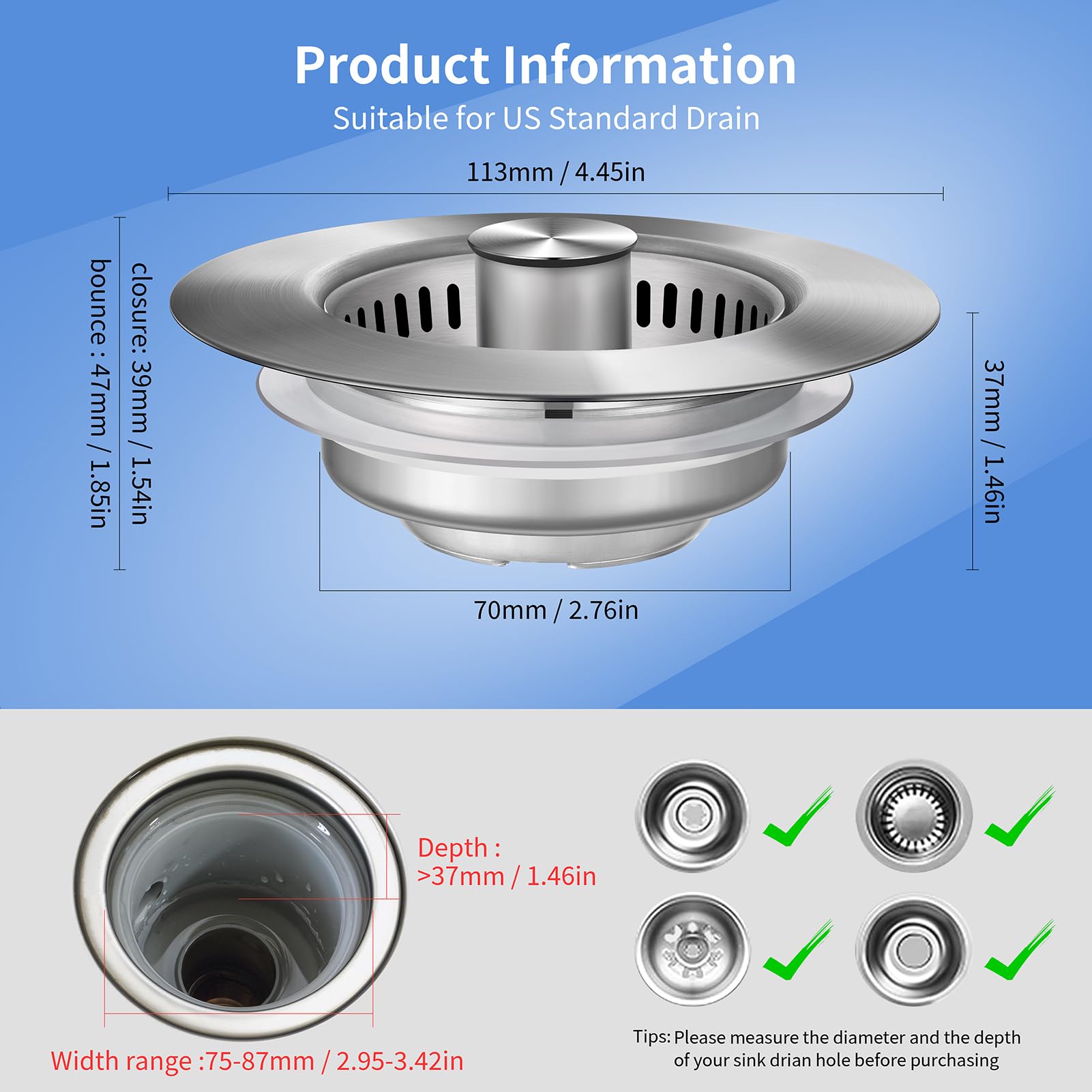 Kitchen Sink Drain Strainer Stainless Steel 3 1/2 Inch US Standrd Sink Stopper Anti-clogging Drainage Odor Filter Home Goods for Kitchen