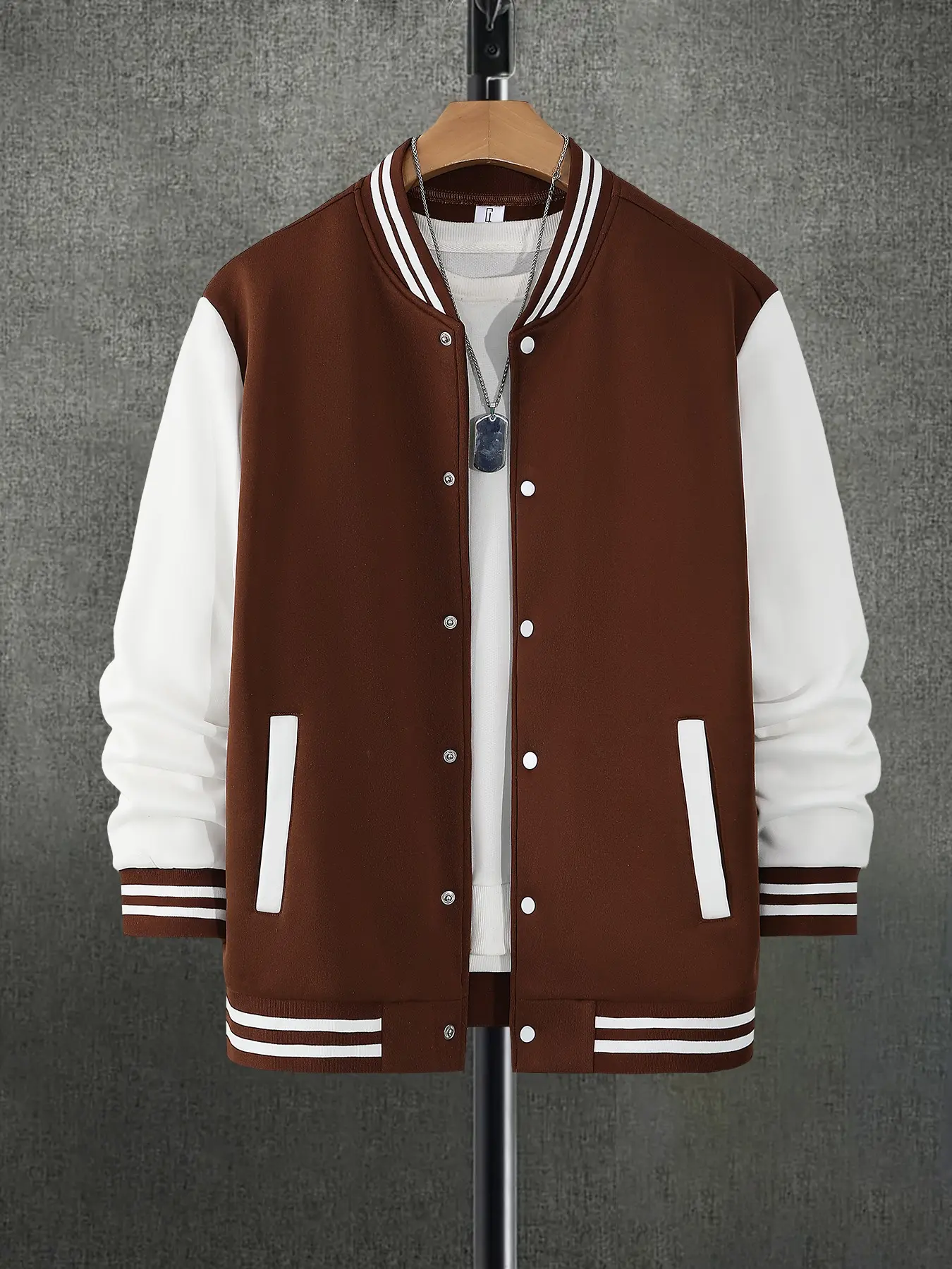 Vintage Contrast Color Brown White Varsity Jacket For Men, Striped Rib Collar Snap Front Baseball Coat With Side Storage Pockets, Comfort Fabric, Versatile Layer Outfit Fit For Lazy Indoor Outfits, Park Walks, Casual Errands And Daily Street Layered Looks