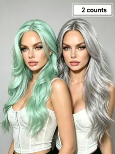 Mint Green Aad Light Grey Wig 13x4 Hd Lace Front Wig Glueless Synthetic Wig Mint Green Body Wave Synthetic Lace Front Wig Light Grey Body Wave Synthetic Lace Frontal Wig  for Women Daily Wear Holiday Party Use