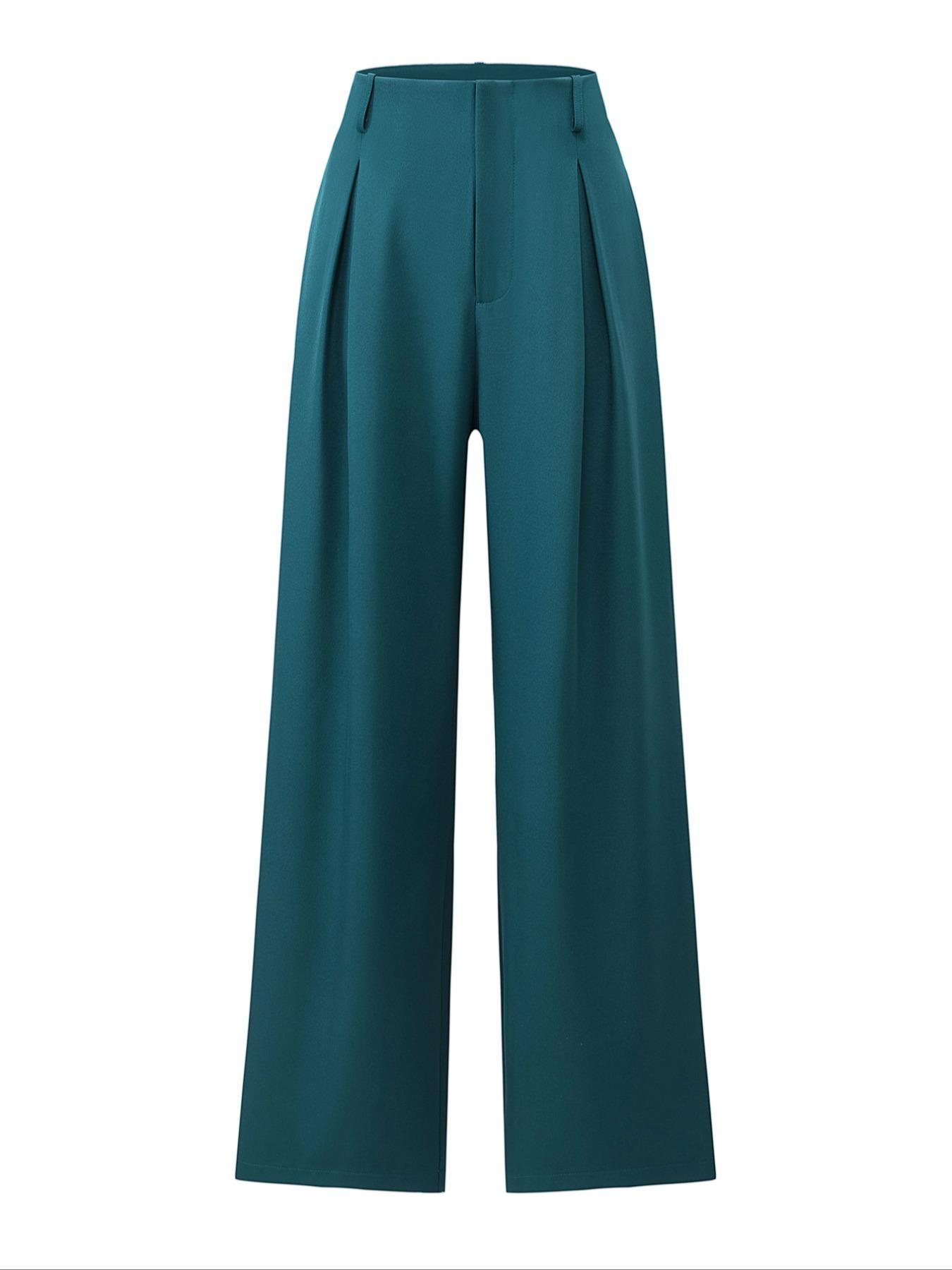 Women's Solid Color Plicated Pocket Wide Leg Pants, Elegant Zipper Fly Trousers for Work Office Business, Ladies Spring & Fall Clothes