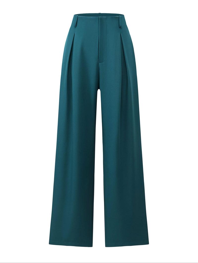 Women's Solid Color Plicated Pocket Wide Leg Pants, Elegant Zipper Fly Trousers for Work Office Business, Ladies Spring & Fall Clothes