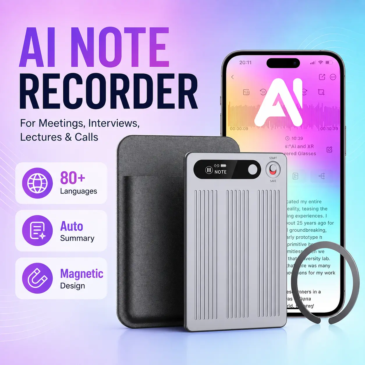 Portable Magnetic Smart Voice Recorder with AI Transcription and Summary, 64GB Memory, 80+ Language Support, App-Controlled Audio Recording Device for Work, Study and Interviews