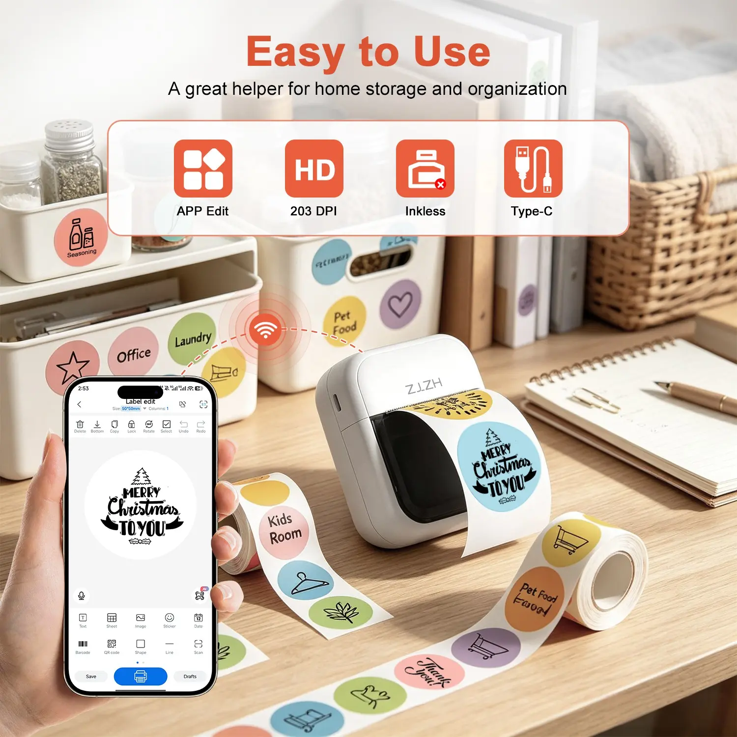 C50 Mini Wireless Bluetooth-compatible Label Printer, Label Maker, Inkless Thermal Printing, Includes Label Paper, Ideal for DIY Projects, Logo, Price Tags, Patterns
