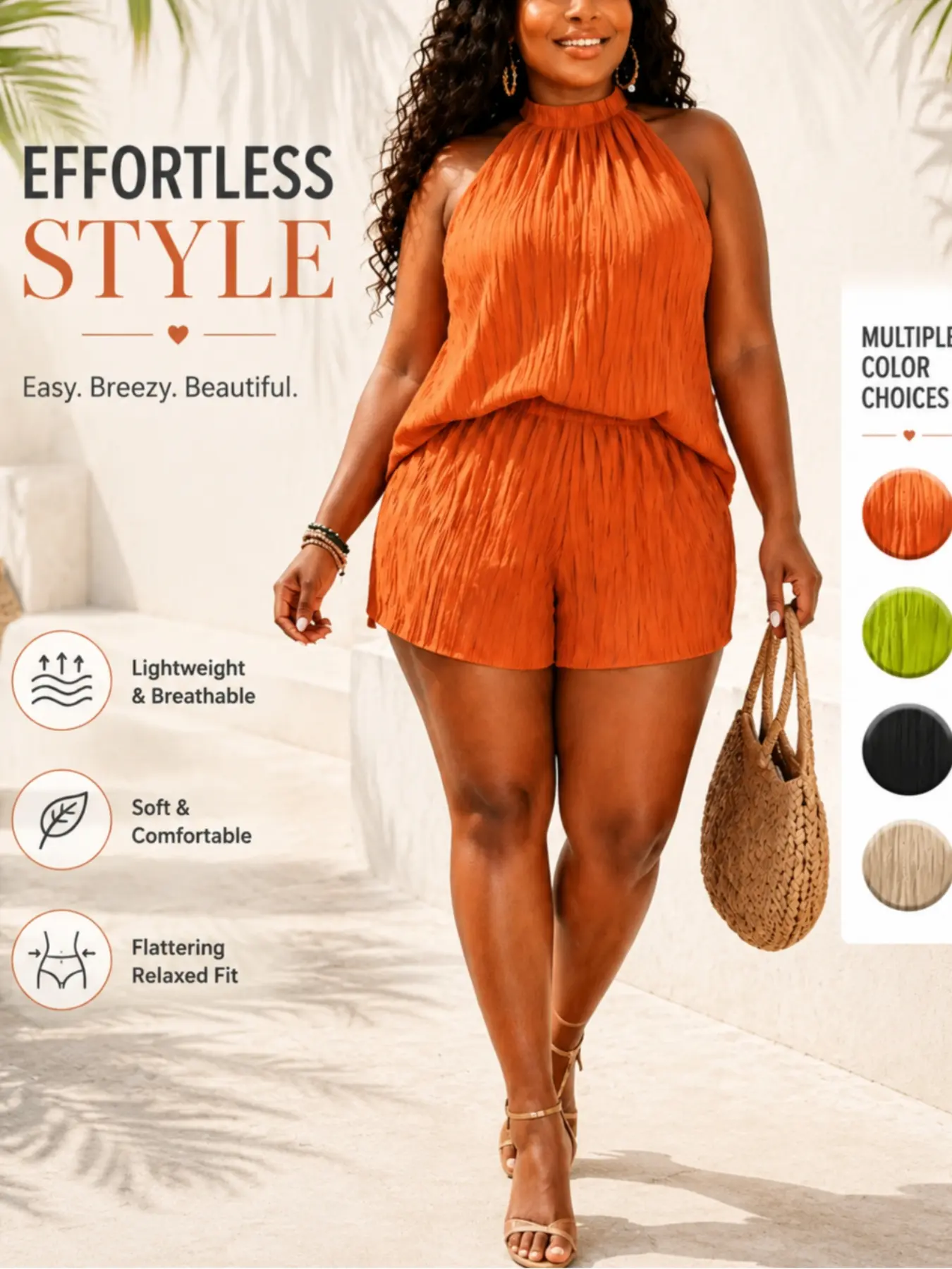 2-Piece Plus Size Summer Vacation Set, Sleeveless Halter Neck Textured Tank Top + High-Waist Shorts, Comfortable Casual Outfit for Beach Parties Clothes