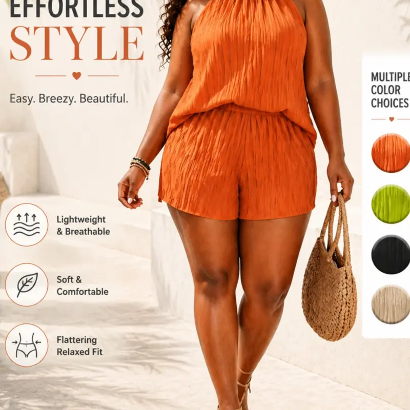2-Piece Plus Size Summer Vacation Set High Waisted Sets Halter Neck Textured Tank Top + High-Waist Shorts, Comfortable Casual Outfit for Beach Parties Clothes