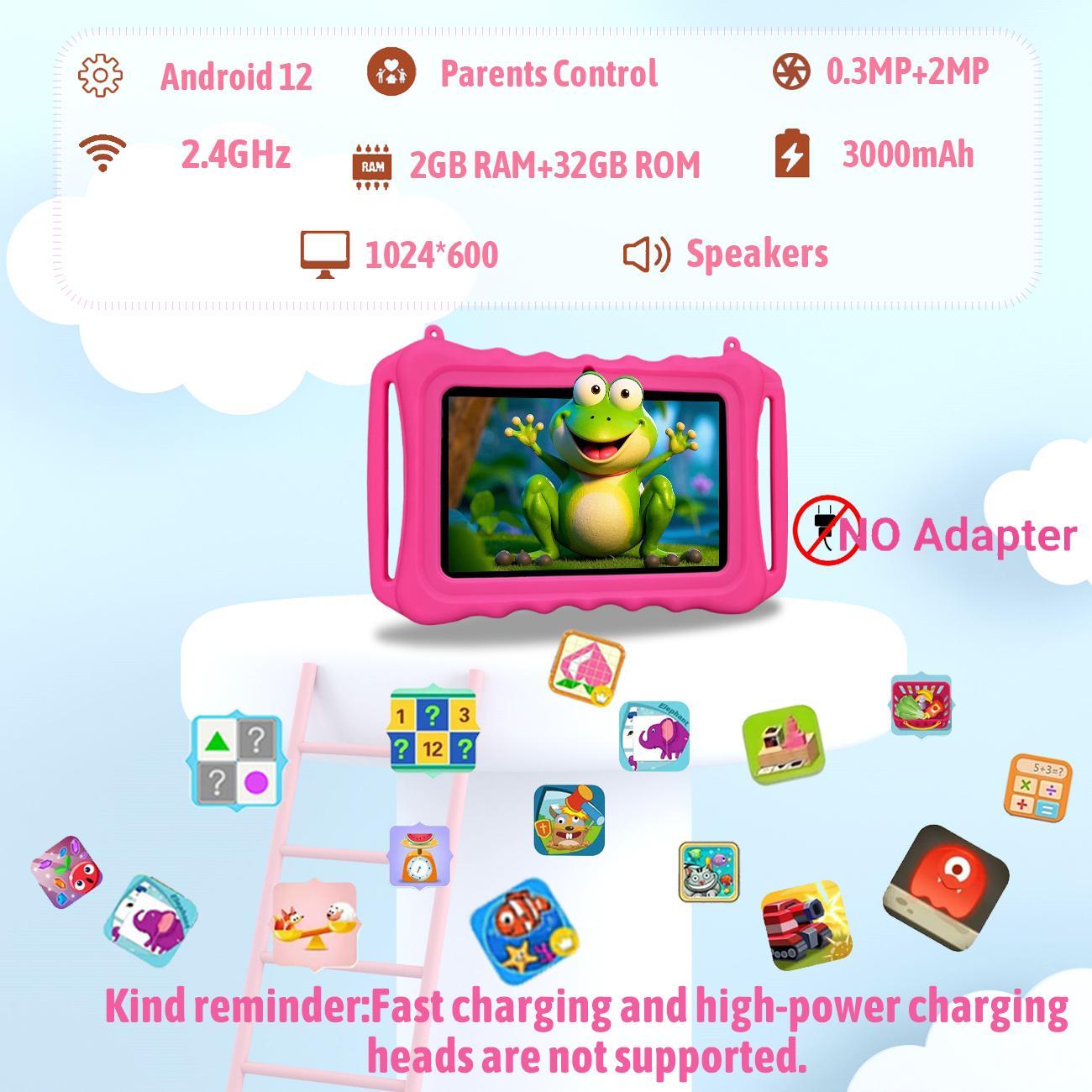 7 Inch Android Tablet, 1 Count Parental Control Learning Tablet with Shockproof Case, Dual Camera Tablet for Education, Best Gift, No Adapter