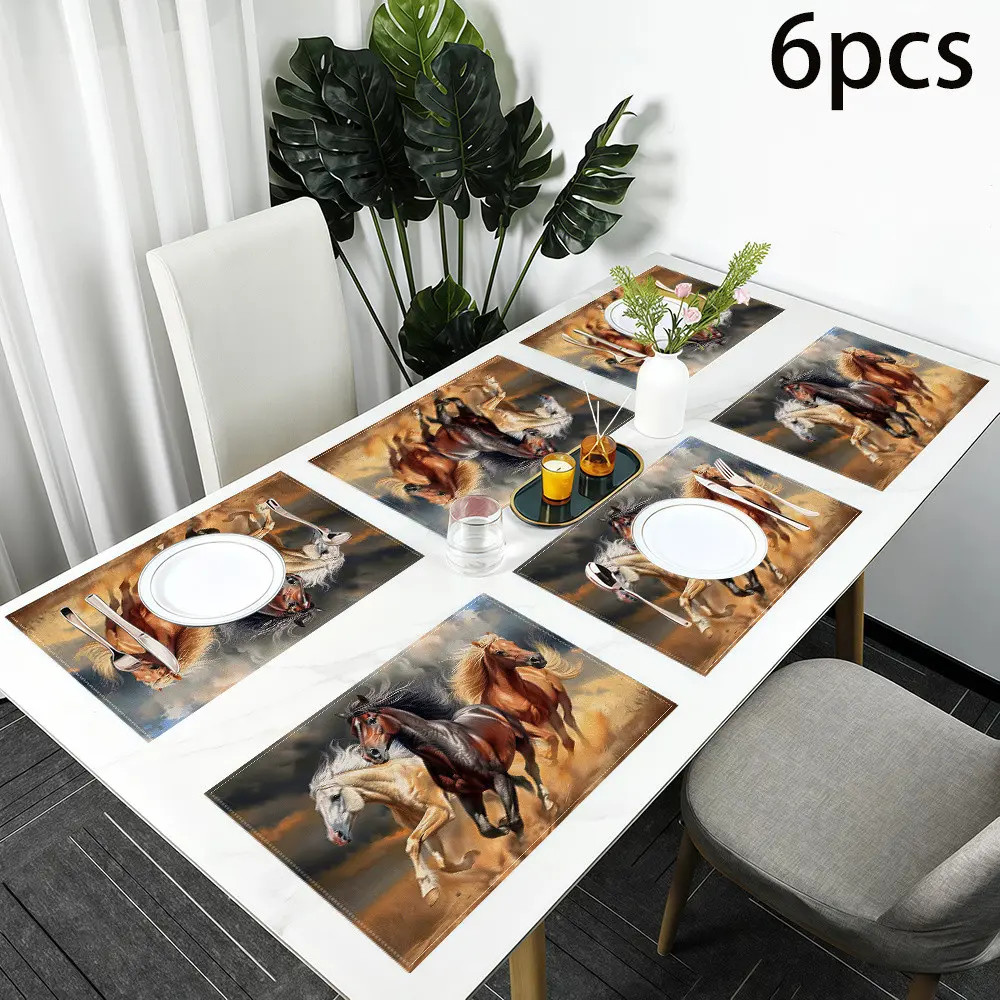 Placemats Set of 4/6,Delicate Running Horses Table Decoration Place Mats 12x18inch Non Slip Heat Resistant Rectangle Outdoor/Indoor Placemats For Home Use