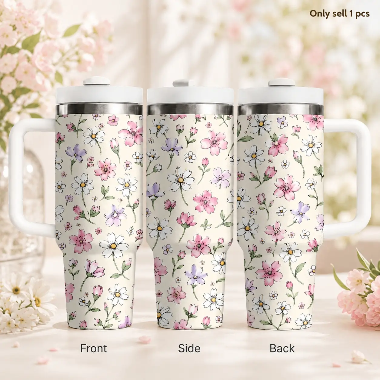 Yellow Daisy Floral 40oz Tumbler for Women, Cute Stainless Steel Insulated Cup with Handle & Straw Lid, Leakproof Travel Mug for Coffee, Water, Office, Gym and Car Cup Holder, Aesthetic Gift for Her