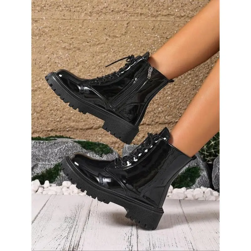 Ladies' classic short boots, fashionable ankle boots, side zipper design, lace up combat boots suitable for walking and work, fashionable platform short boots, comfortable shoes for daily wear
